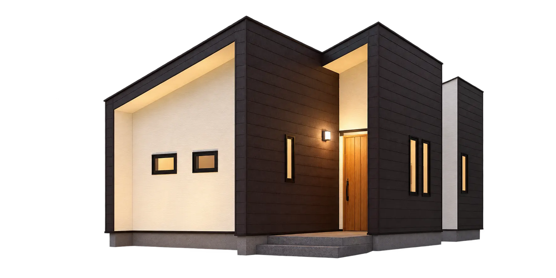 CABIN住宅の外観イメージ。青みのある無地背景に建物を配置。